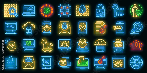 Fraud icons set. Outline set of fraud vector icons neon color on black