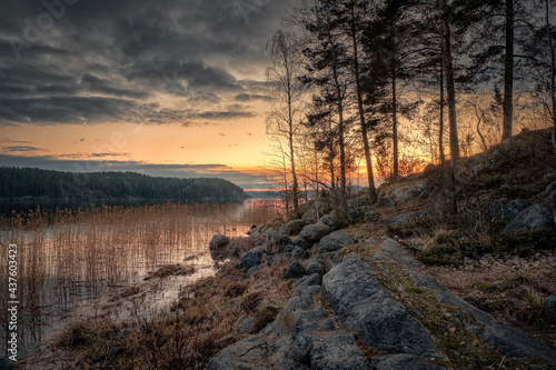 Sunset in Kiryavalahti Bay in the north of Ladoga