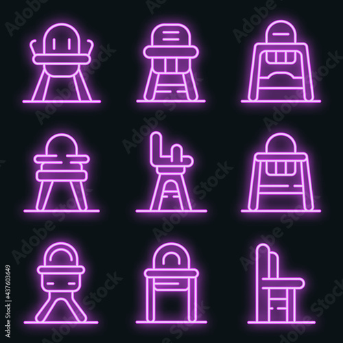 Feeding chair icons set. Outline set of feeding chair vector icons neon color on black