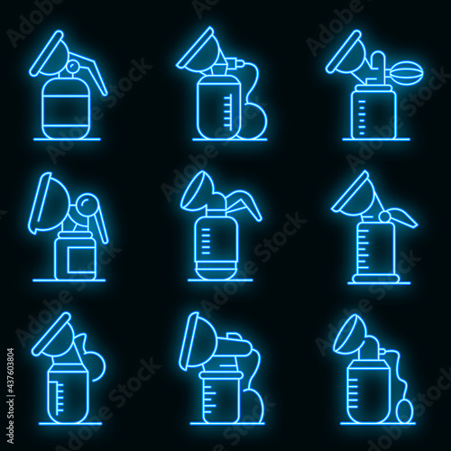 Breast pump icons set. Outline set of breast pump vector icons neon color on black