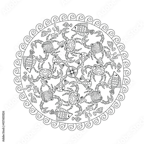Sea Mandala. Coloring pages for children and adults. Crabs, seaweed, seashells. Abstract hand-drawn vector illustration isolated on a white background. Hand-drawn doodles for coloring books, cover