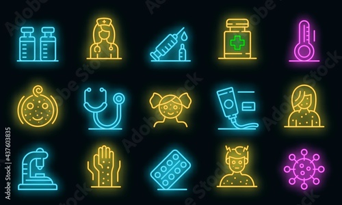 Chicken pox icons set. Outline set of chicken pox vector icons neon color on black