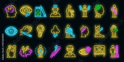 Measles icons set. Outline set of measles vector icons neon color on black