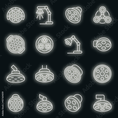 Surgical light icons set. Outline set of surgical light vector icons neon color on black