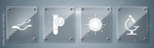 Set Microscope, Virus, Test tube with virus and Ebola virus disease. Square glass panels. Vector