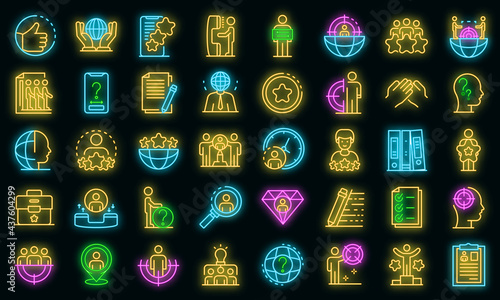Headhunter icons set. Outline set of headhunter vector icons neon color on black