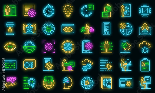 Testing software icons set. Outline set of testing software vector icons neon color on black