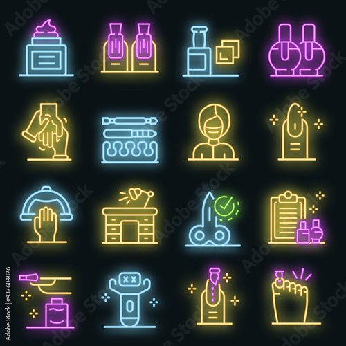 Manicurist icons set. Outline set of manicurist vector icons neon color on black