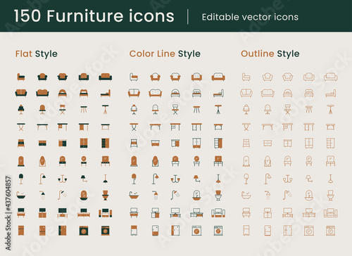 150 Furniture icons set • Flat, Color Line and Outline style