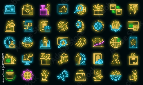 Product manager icons set. Outline set of product manager vector icons neon color on black