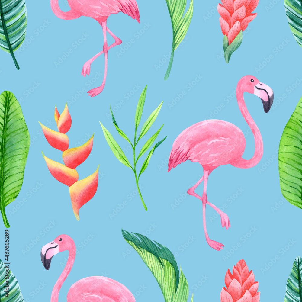 Obraz premium Seamless pattern with hand-drawn flamingo and blossom tropical plants.