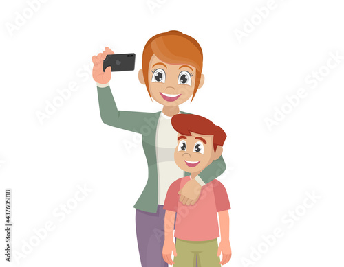 mother and son taking selfie cute cartoon. ,vector eps10 