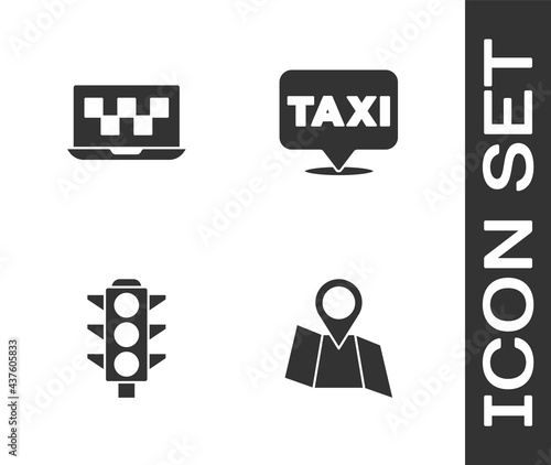 Set Folded map with location, Laptop call taxi service, Traffic light and Location icon. Vector
