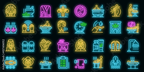 Masseur icons set. Outline set of masseur vector icons neon color on black