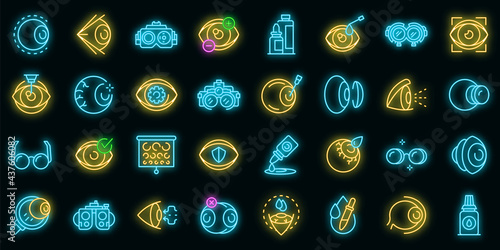Optician icons set. Outline set of optician vector icons neon color on black