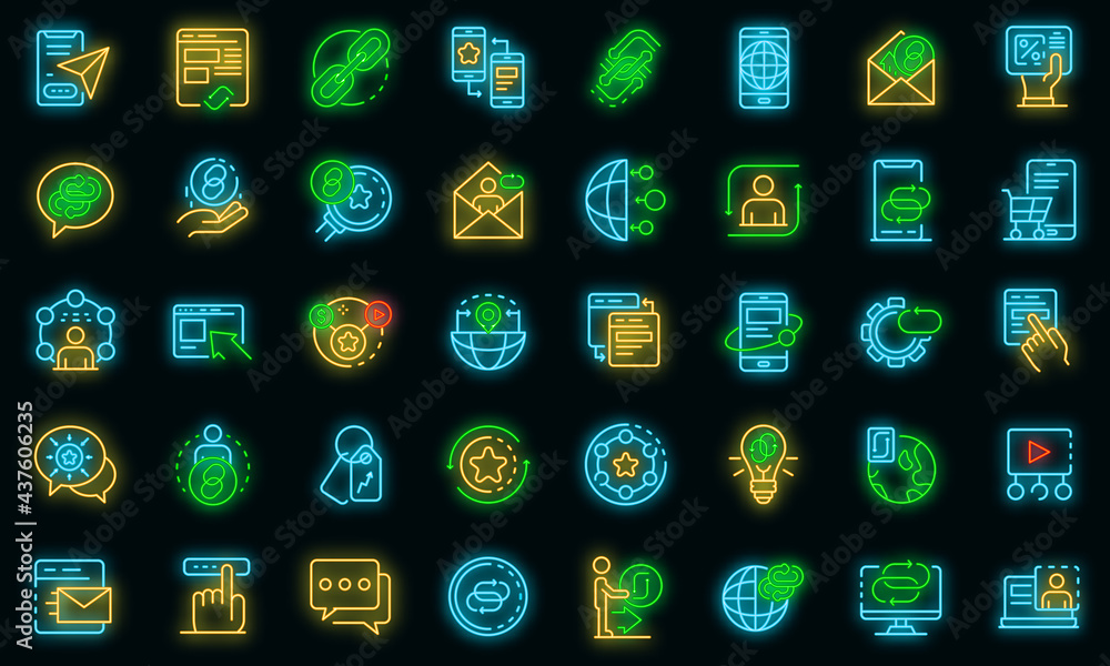 Backlink strategy icons set. Outline set of backlink strategy vector icons neon color on black - obrazy, fototapety, plakaty 