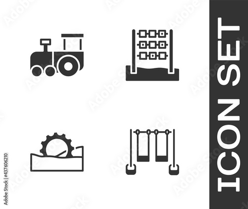 Set Double swing, Toy train, Ferris wheel and Tic tac toe game icon. Vector