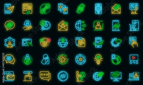 Backlink strategy icons set. Outline set of backlink strategy vector icons neon color on black