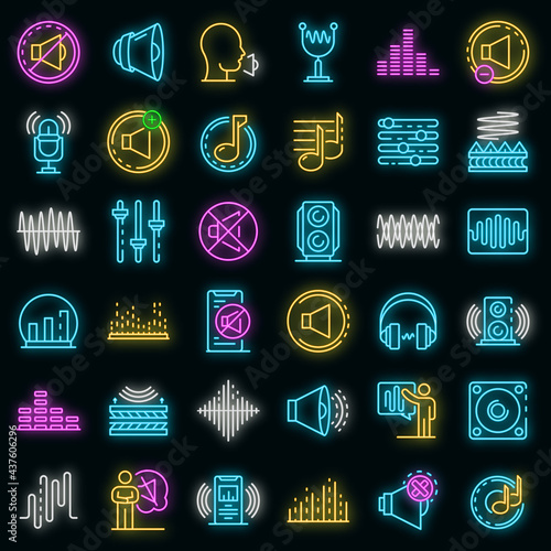 Acoustics icons set. Outline set of acoustics vector icons neon color on black