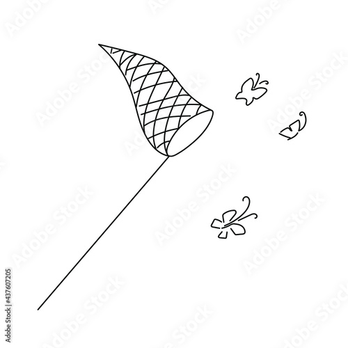 Vector image of linearly drawn butterflies and butterfly net