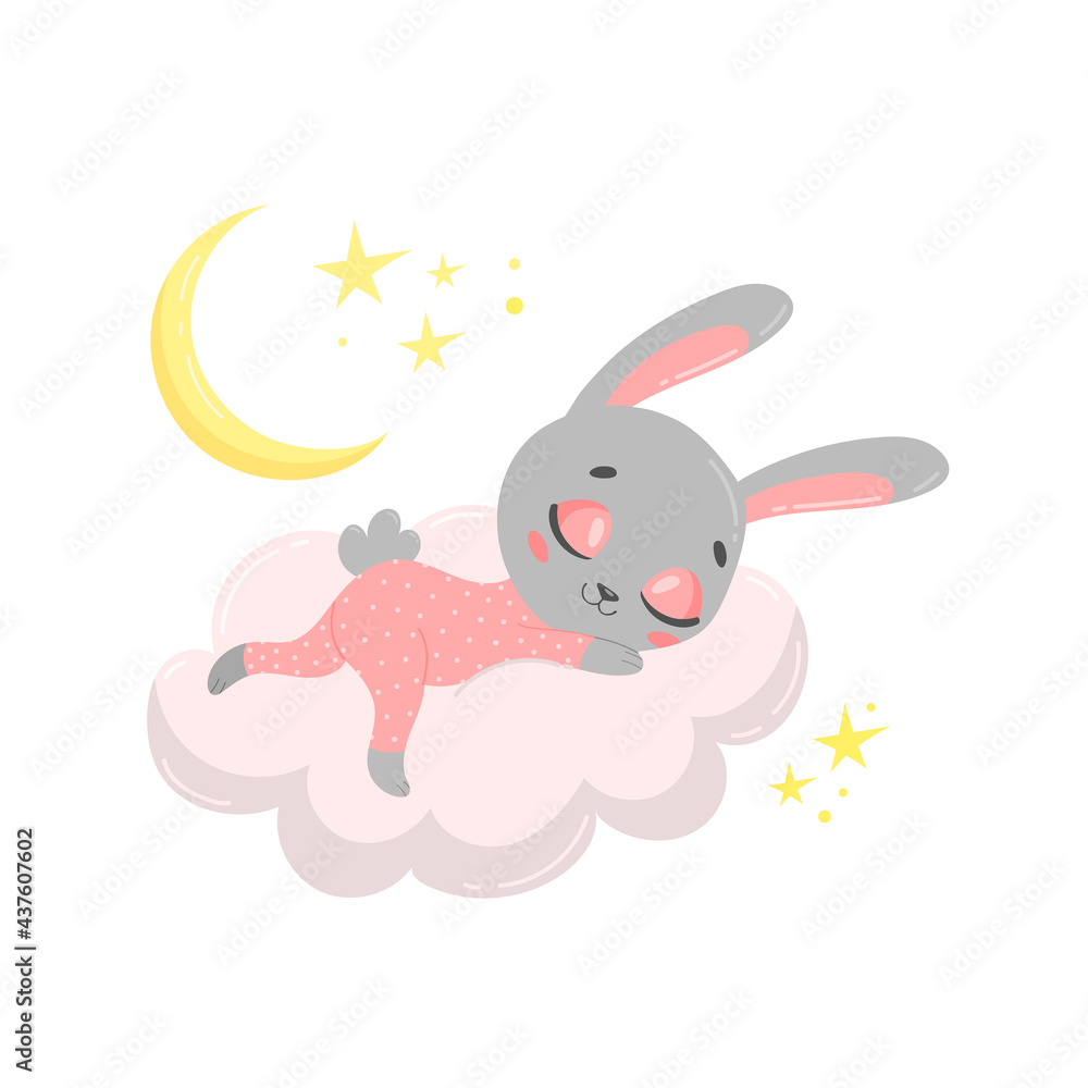 Illustration of a cute cartoon bunny sleeping on a cloud. Baby animals are sleeping. Illustration of a cute cartoon bunny sleeping on a cloud. Baby animals are sleeping.