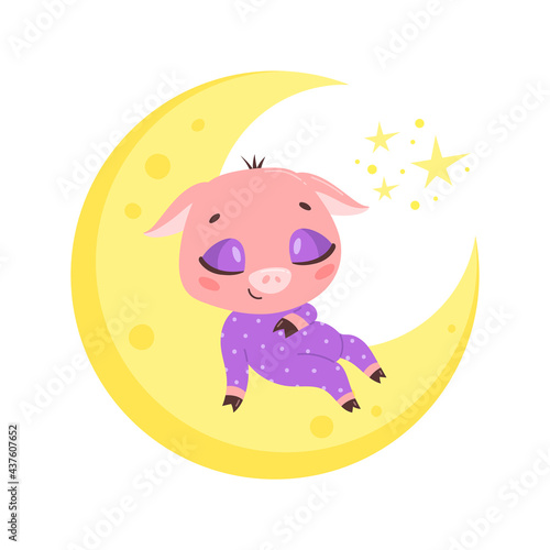 Illustration of a cute cartoon pig sleeping on the moon. Baby animals are sleeping.