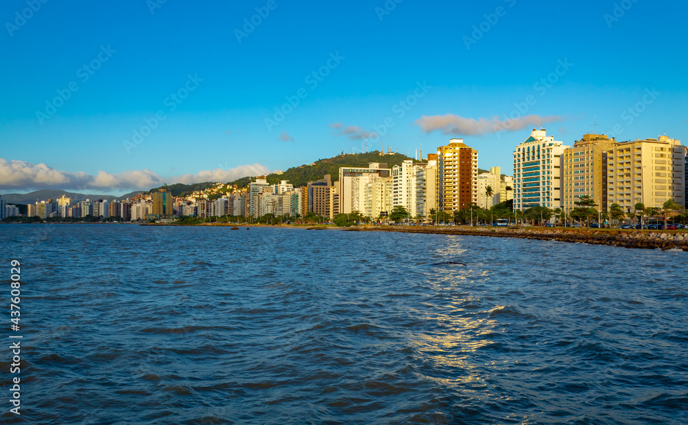 city skyline in the city Florianopolis, Ponte Hercílio Luz, Florianópolis, Santa Catarina, Brazil