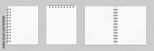 Notebook mockup. Collection of various white papers for your text. Blank pages of a notebook with margins isolated on gray background. Realistic square vector illustration.