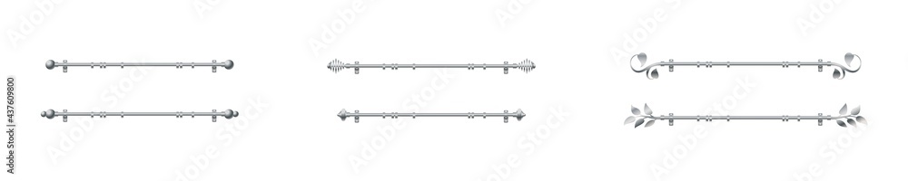 Vector illustration cornice for curtains isolated on white background. Set of realistic metal curtain rods and accessories icons in flat cartoon style. New curtain pole with rings for interior design. Vector illustration cornice for curtains isolated on white background. Set of realistic metal curtain rods and accessories icons in flat cartoon style. New curtain pole with rings for interior design.