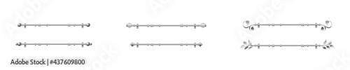 Vector illustration cornice for curtains isolated on white background. Set of realistic metal curtain rods and accessories icons in flat cartoon style. New curtain pole with rings for interior design.