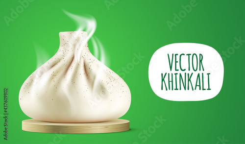 Hot Khinkali with steam, placed on a wooden plate. Georgian dumpling vector banner with copy space.