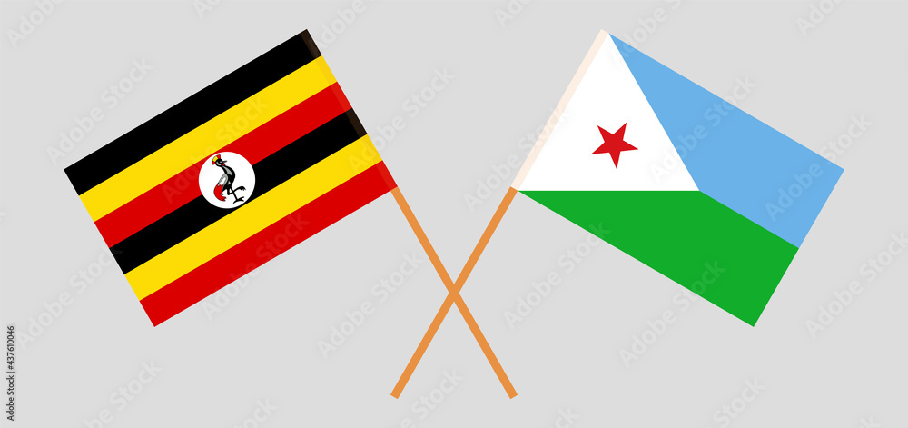 Crossed flags of Uganda and Djibouti. Official colors. Correct proportion Crossed flags of Uganda and Djibouti. Official colors. Correct proportion