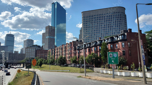 street in Boston city with skyline and a tower and traffic (Marginal Street)
