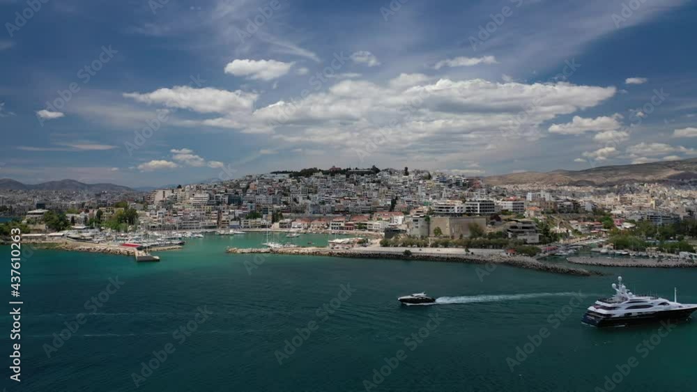 Aerial drone video of beautiful round port of Mikrolimano or small port in the heart of Piraeus, Attica, Greece Aerial drone video of beautiful round port of Mikrolimano or small port in the heart of Piraeus, Attica, Greece