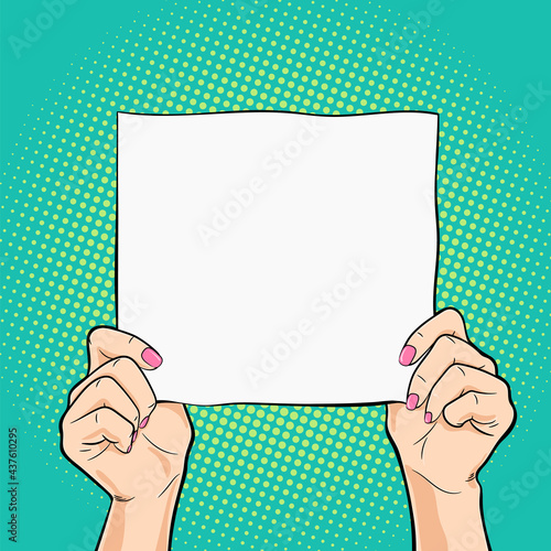 Female hands holding a white square paper vector illustration in pop art retro style