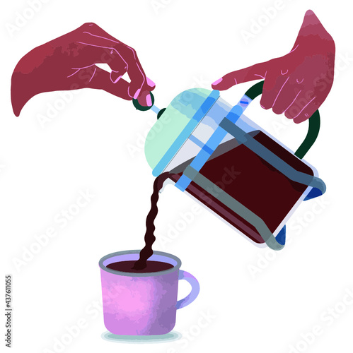 Ilustración vectorizada. Cafetera de prensa francesa. Manos sirviendo café. Ilustración sobre fondo blanco
