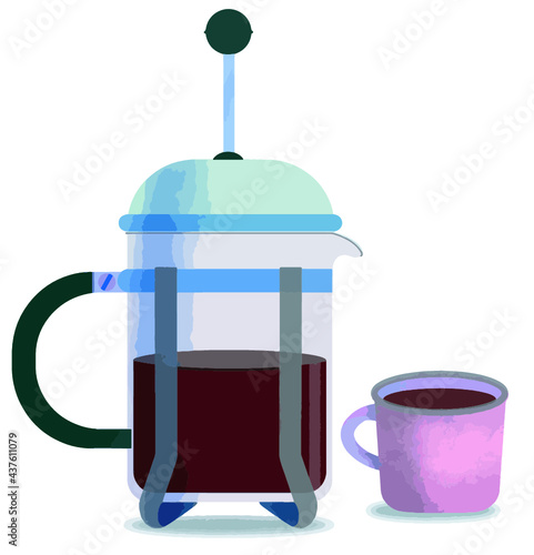 Ilustración vectorizada. Cafetera de prensa francesa. Cafetera con taza de café. Ilustración sobre fondo blanco
