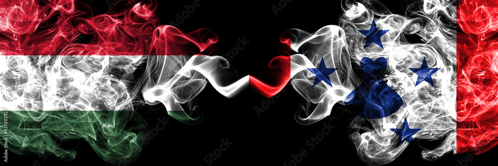 Hungary, Hungarian vs Austral Islands smoky flags side by side. Hungary, Hungarian vs Austral Islands smoky flags side by side.