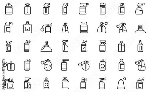Spray bottle icons set. Outline set of spray bottle vector icons for web design isolated on white background