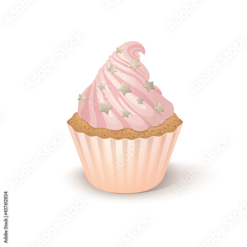 Vector illustration cupcake with pink whipped cream on white background. Isolated clipart with one sweet cake