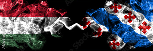 Hungary, Hungarian vs United States of America, America, US, USA, American, Rockville, Maryland smoky flags side by side.