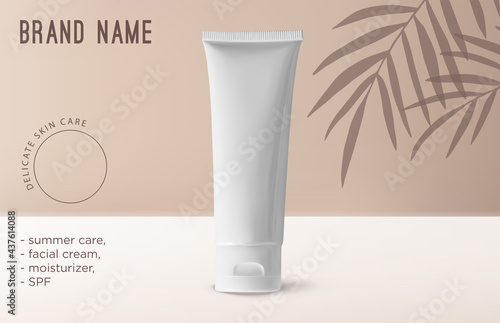 Mockup realistic 3d tube for beauty cosmetic product on beige background with tropical coconut palm tree leaves shadow. Template for product, branding and packaging presentation vector design. Summer