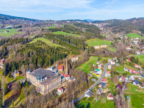 Horni Tanvald in Jizera Mountains, Czech Republic. Aerial view from drone. photo