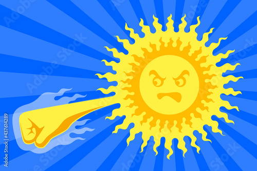 Bright sun and big hand with clenched fist over blue background