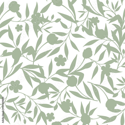 Vector seamless green floral pattern on a white background.