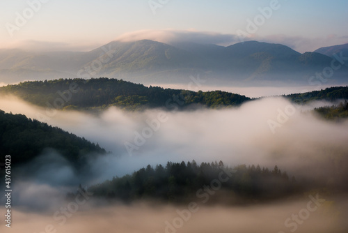 Hills covered with forest and trees in a foggy morning. They look like islands floating in the clouds.