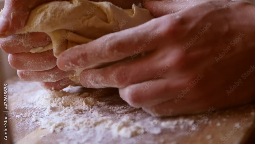 Close up kneading dough by hands. Handmade baking process. 4k video Close up kneading dough by hands. Handmade baking process. 4k video