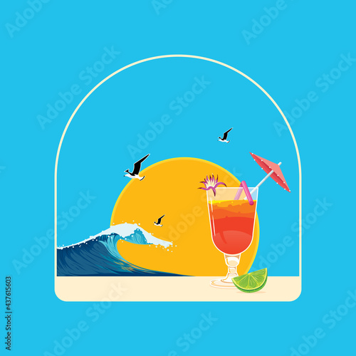 A fruity and refreshing alcoholic cocktail in the summer heat with a slice of lime. Rest on the seashore under the scorching sun under the cry of seagulls. Flat style. Vector illustration.