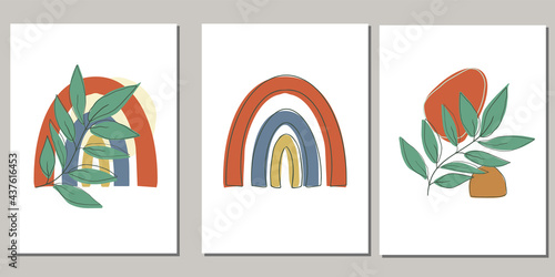 Boho Scandinavian-style minimalist posters set. Vector banners with foliage abstract shapes. Good for wall art or cover print.