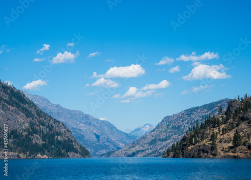 Scenic landscape of the northern end of Lake Chelan on a sunny day - Washington state, USA